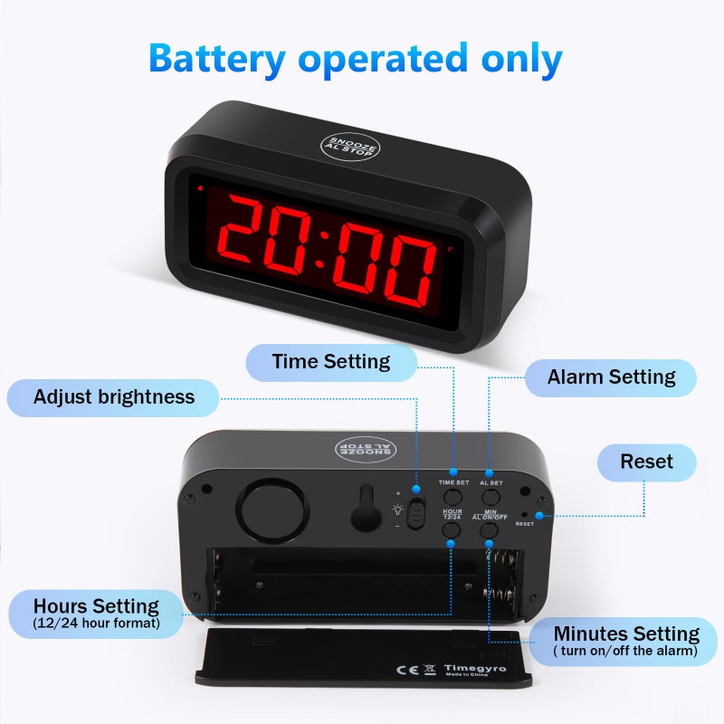 Timegyro Digital Alarm Clock Battery Operated with LED Display for Bedrooms, Long Battery Life for 12 Months, 3 Brightness Adjustable, 12/24 Hour, Snooze, Black Case with Red Digits - Image 4